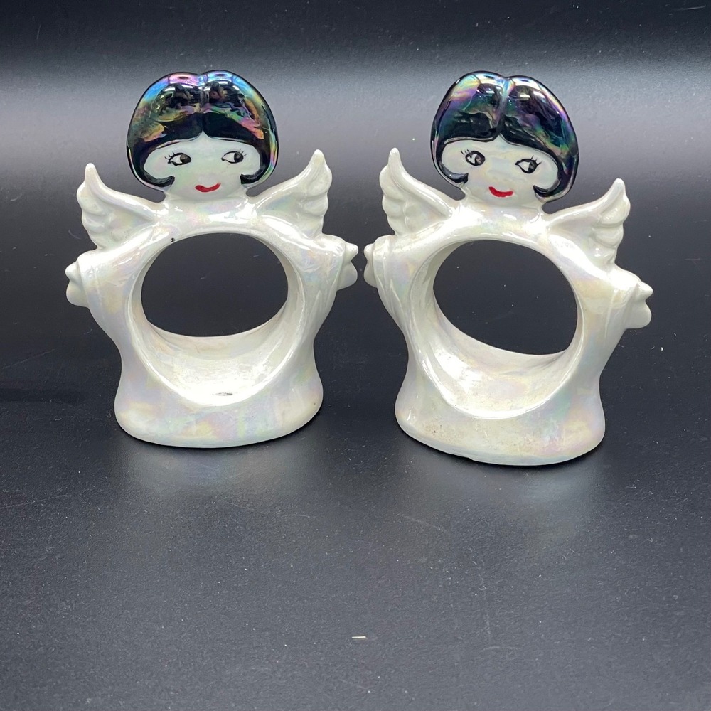 Vintage Iridescent Ceramic Angel Napkin Rings Set of 2 White Luster Winged Decor